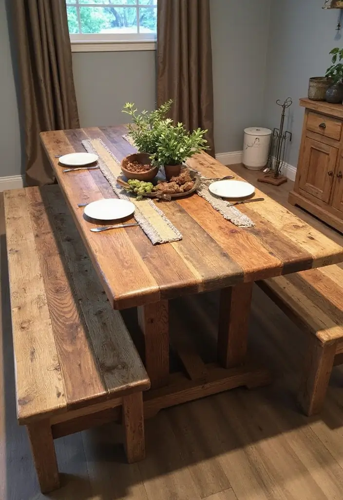 10 Dining Room Tables with Benches for Family Meals - 1. Reclaimed Wood Table with Rustic Benches