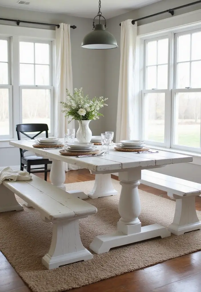 10 Dining Room Tables with Benches for Family Meals - 2. Modern Farmhouse Table with Whitewashed Finish