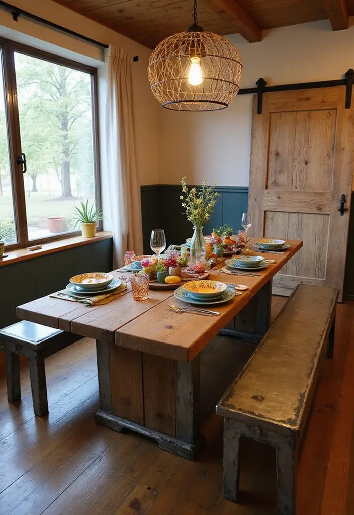 10 Dining Room Tables with Benches for Family Meals - 4. Barn Door Style Table with Metal Benches