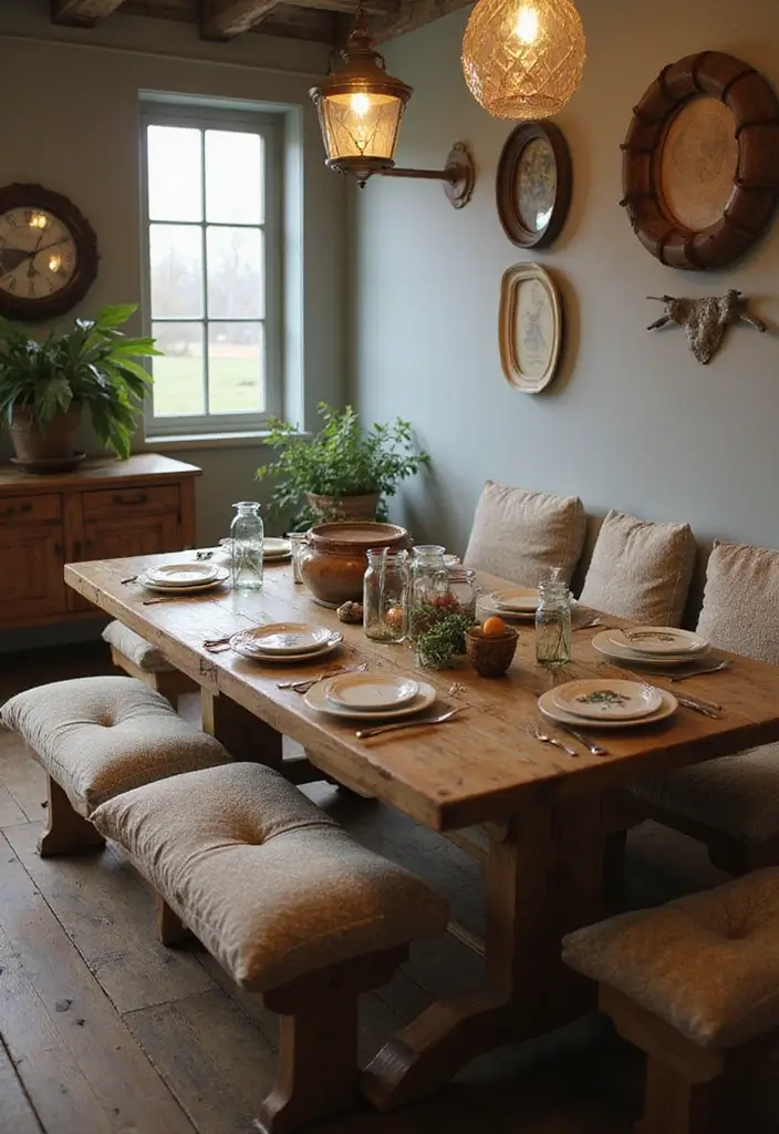 10 Dining Room Tables with Benches for Family Meals - 5. Vintage Farmhouse Table with Cushion Benches