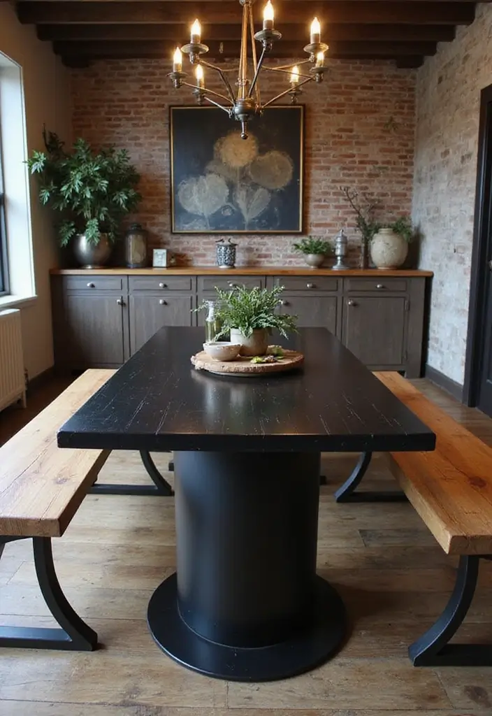 10 Dining Room Tables with Benches for Family Meals - 6. Black Stained Table with Natural Wood Benches