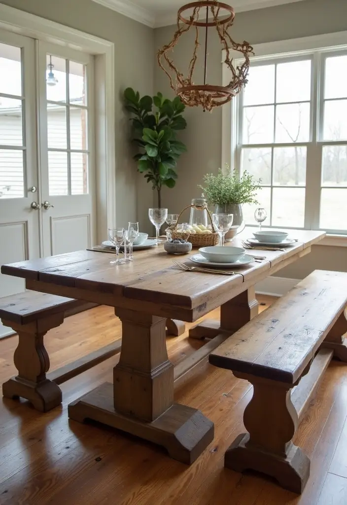 10 Dining Room Tables with Benches for Family Meals - 8. Classic Pedestal Table with Farmhouse Benches
