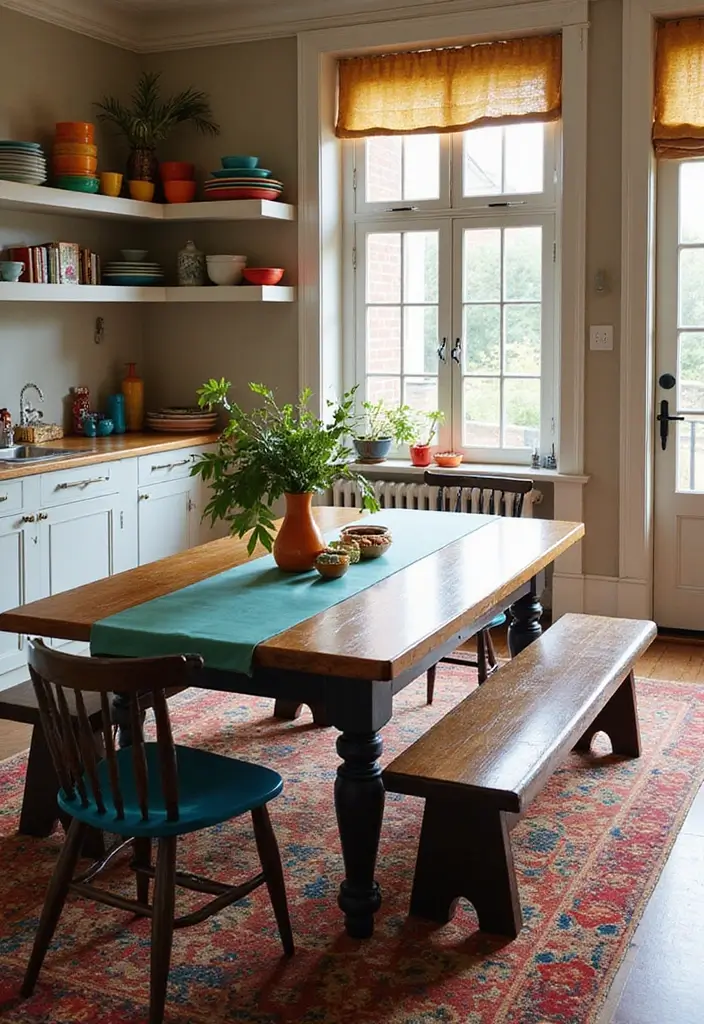 10 Dining Room Tables with Benches for Family Meals - 9. Two-Tone Table with Complementary Benches