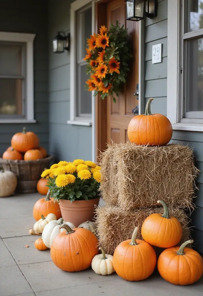 10 Fall Decor Front Door Looks to Welcome Guests - 1. Rustic Pumpkin Display