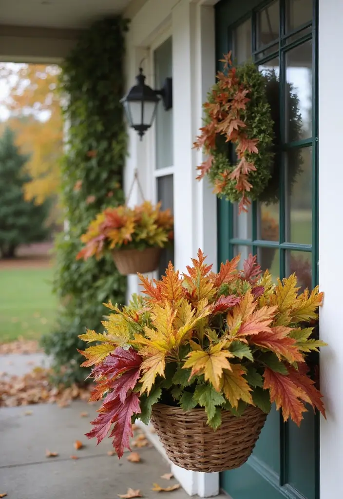 10 Fall Decor Front Door Looks to Welcome Guests - 4. Hanging Baskets of Fall Foliage