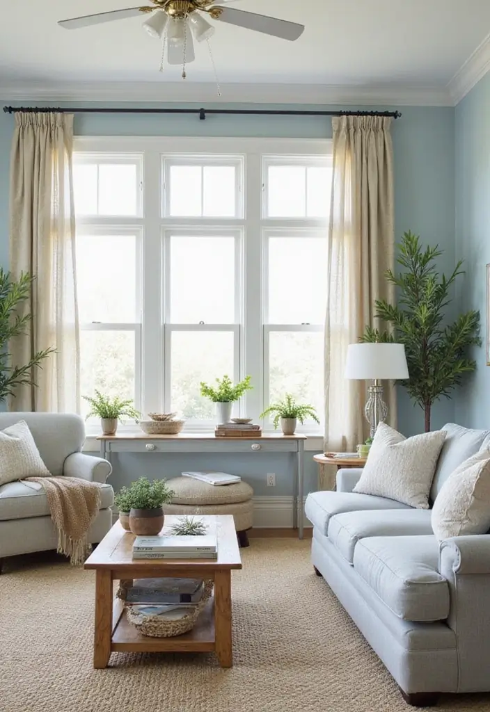 10 Stunning Living Room Color Combinations - 2. Soft Blues and Sandy Beiges