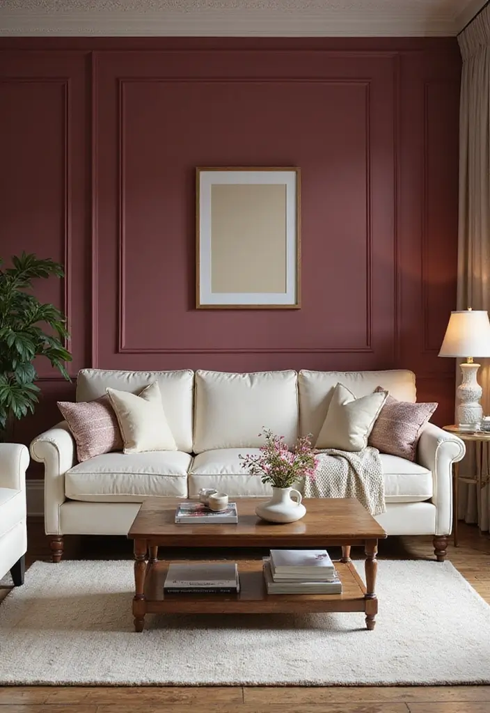 10 Stunning Living Room Color Combinations - 3. Rich Burgundy and Creamy Whites