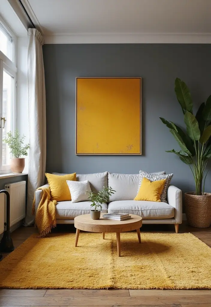 10 Stunning Living Room Color Combinations - 4. Warm Mustard and Cool Grays