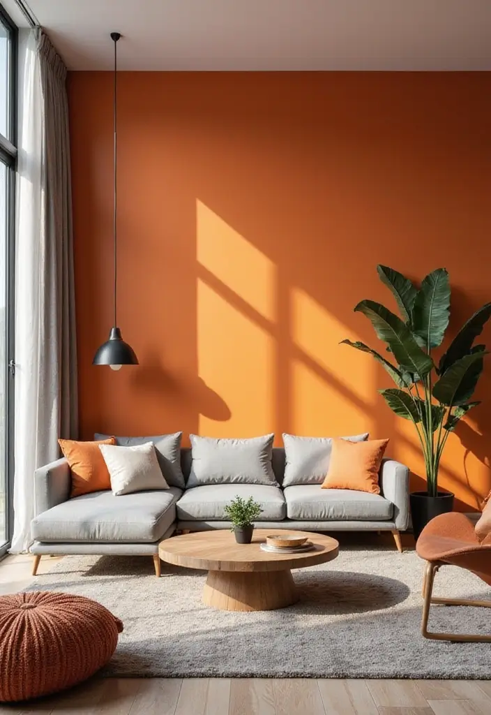 10 Stunning Living Room Color Combinations - 8. Bright Orange and Soft Gray