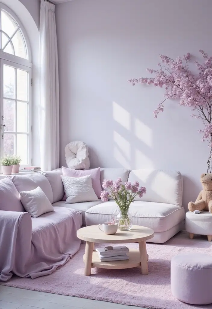 10 Stunning Living Room Color Combinations - 9. Pastel Lavender and White