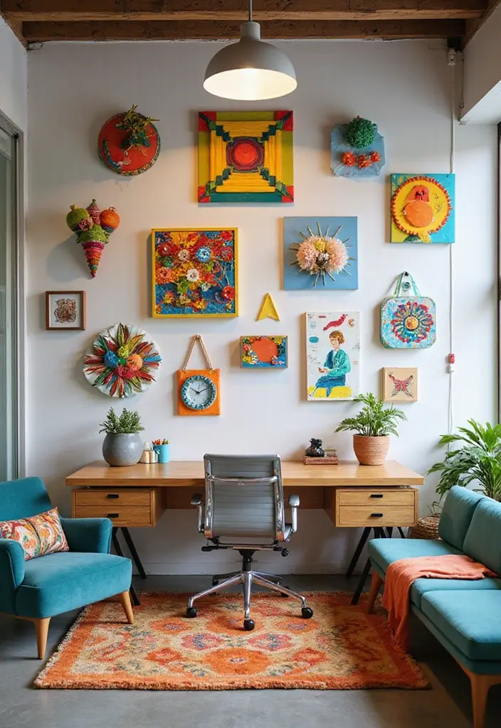 10 Wall Art for Office Spaces That Motivate - 6. Creative Workspace Decor with Fun Elements