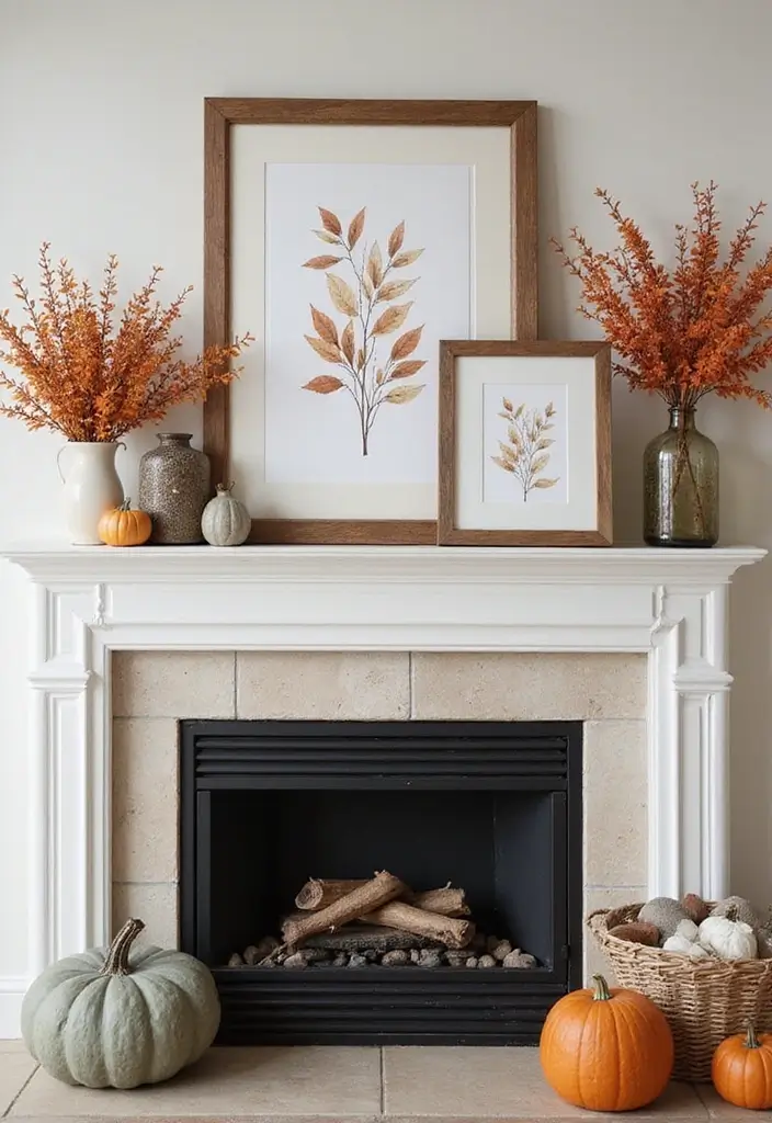 12 Fall Decor Fireplace Mantel Inspirations - 10. Seasonal Artwork