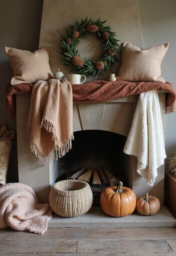 12 Fall Decor Fireplace Mantel Inspirations - 8. Fabrics and Textiles