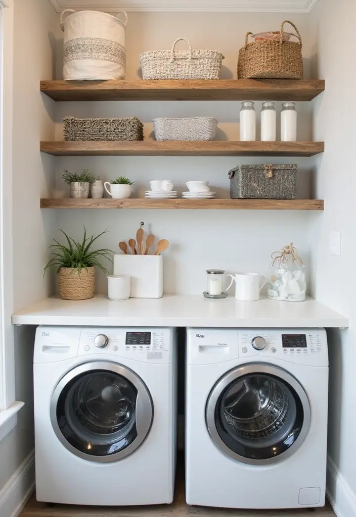 12 Laundry Room Shelf Designs for Extra Storage - 11. Decorative Wall Art Shelving