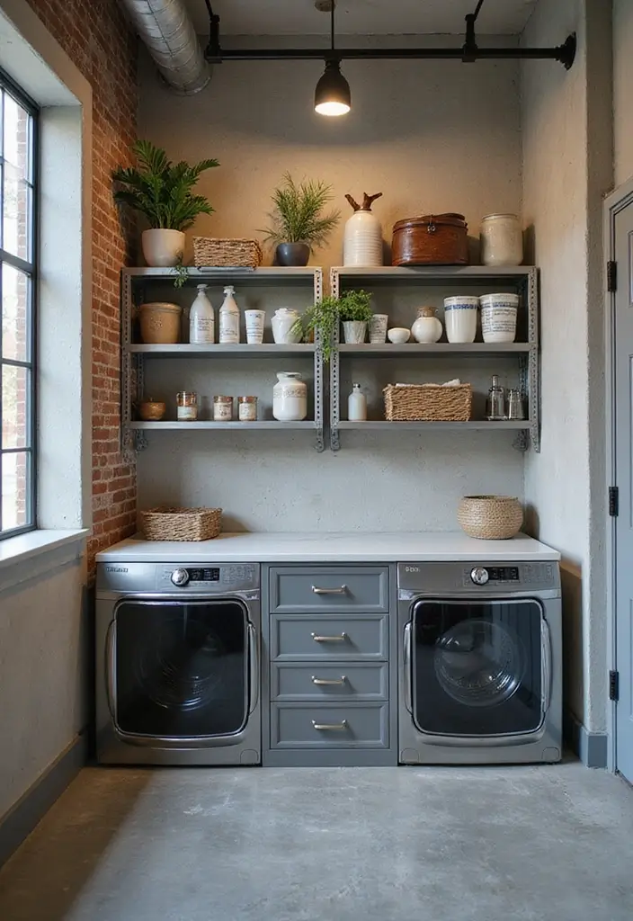 12 Laundry Room Shelf Designs for Extra Storage - 2. Tiered Metal Shelves for an Industrial Look