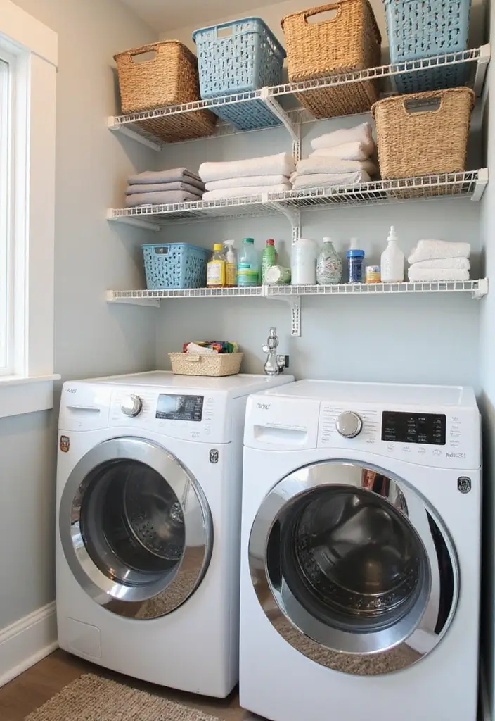 12 Laundry Room Shelf Designs for Extra Storage - 3. Open Wire Shelving for Easy Access