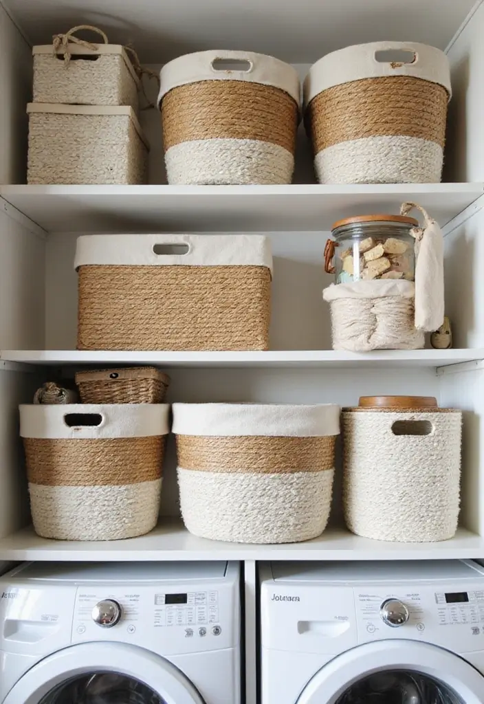12 Laundry Room Shelf Designs for Extra Storage - 8. Stylish Baskets and Boxes