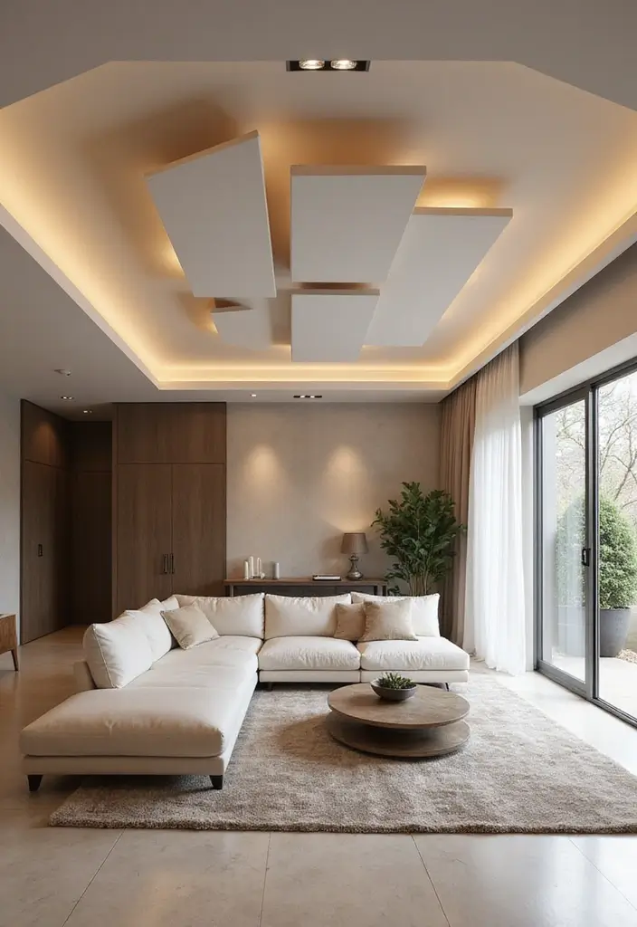 12 Living Room False Ceiling Designs for a Luxe Look - 1. Minimalist Floating Panels