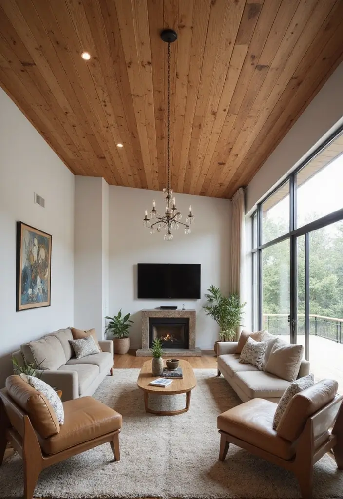 12 Living Room False Ceiling Designs for a Luxe Look - 10. Faux Wood Ceiling