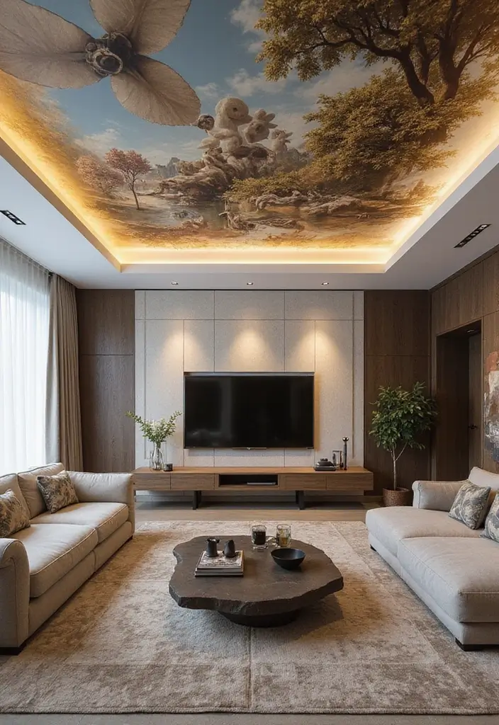 12 Living Room False Ceiling Designs for a Luxe Look - 11. Artistic Murals