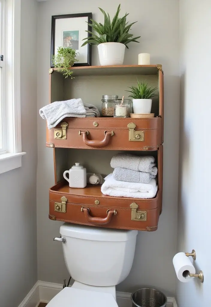 15 Bathroom Shelves for Small Spaces - 11. Vintage Suitcase Shelves