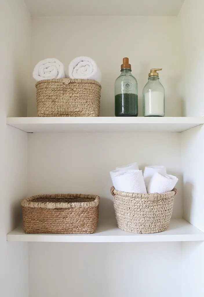 15 Bathroom Shelves for Small Spaces - 6. Decorative Baskets on Shelves