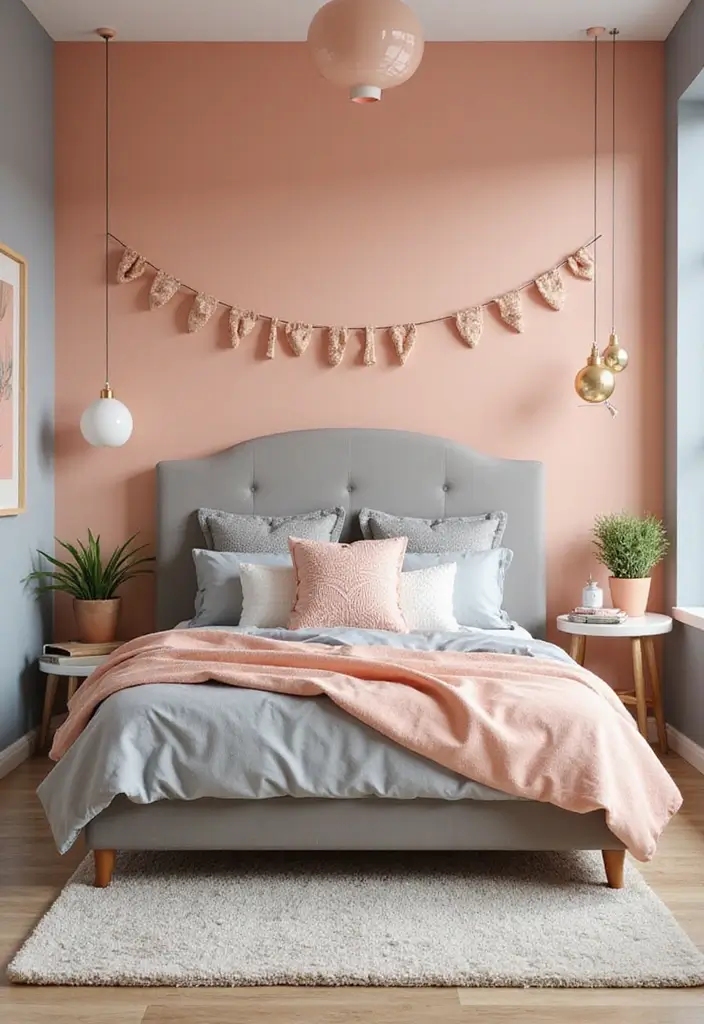 15 Best Bedroom Wall Colour Combinations for Every Mood - 11. Playful Peach and Cool Gray