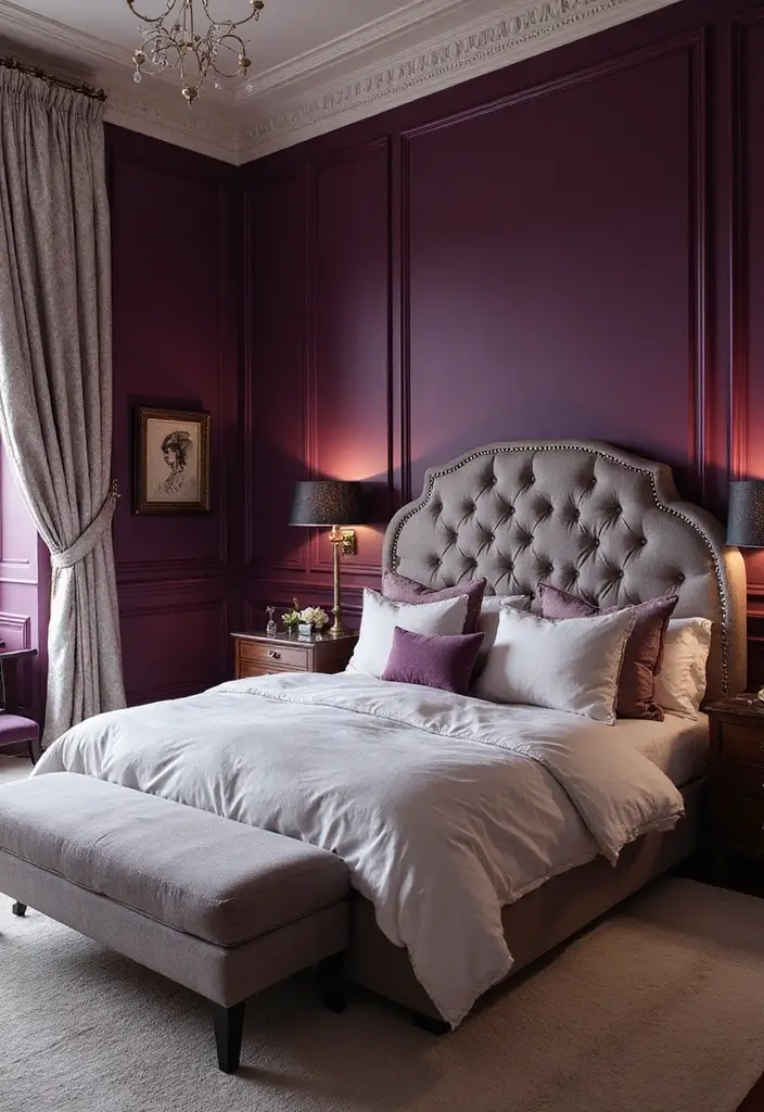 15 Best Bedroom Wall Colour Combinations for Every Mood - 12. Rich Plum and Silver
