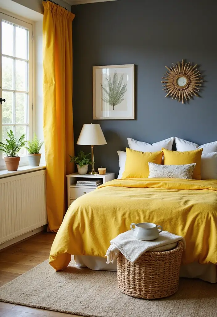 15 Best Bedroom Wall Colour Combinations for Every Mood - 14. Sunshine Yellow and Slate Gray