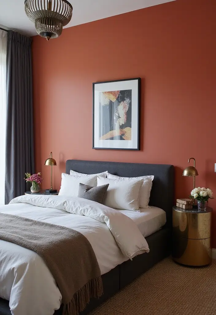 15 Best Bedroom Wall Colour Combinations for Every Mood - 2. Coral and Charcoal