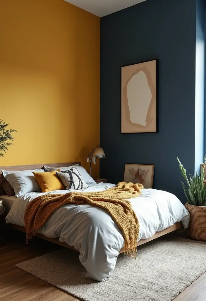 15 Best Bedroom Wall Colour Combinations for Every Mood - 7. Mustard Yellow and Navy Blue