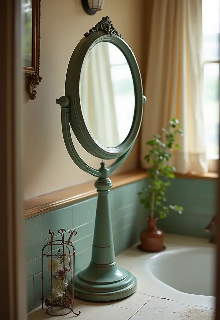 15 Chic Bathroom Mirror Ideas for Every Style - 6. Vintage Round Pedestal Mirror