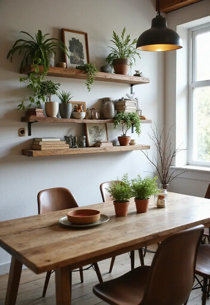 15 Dining Room Wall Decor Ideas for Instant Style - 9. Rustic Shelves with Decorative Accents