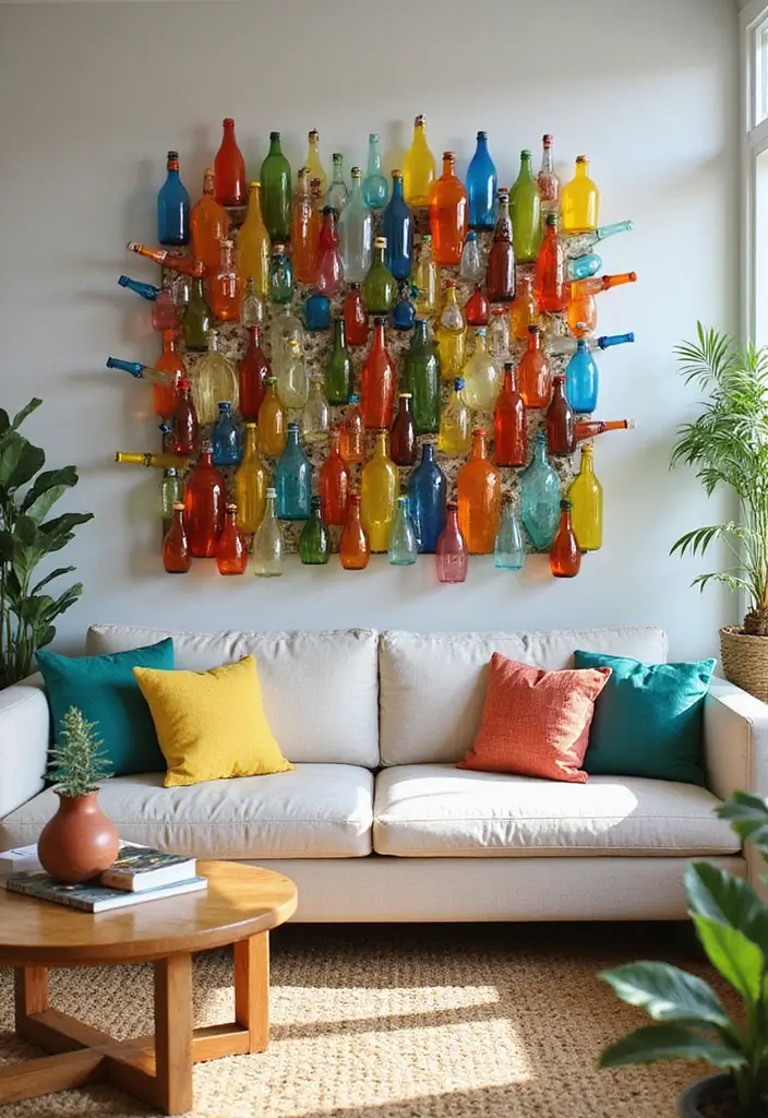 15 Wall Art Living Room Ideas That Impress - 13. Colorful Upcycled Bottle Art