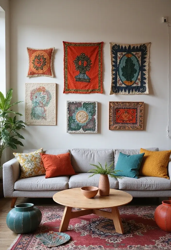15 Wall Art Living Room Ideas That Impress - 5. Eco-Friendly Fabric Art