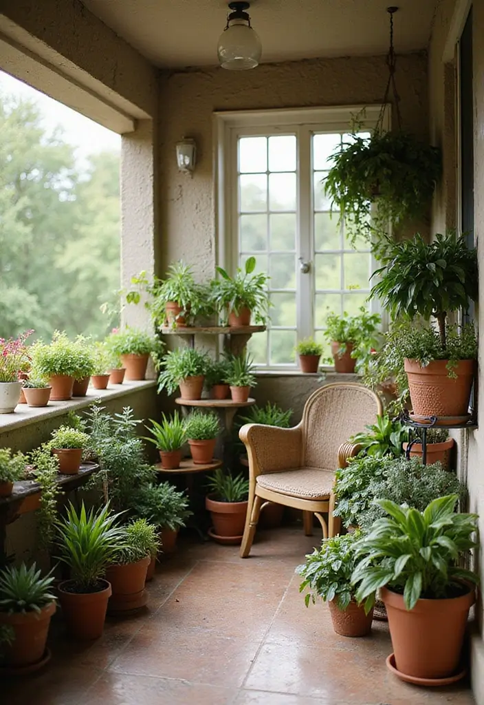 15 Ways to Style a Balcony with Plants - 2. Cozy Corner with Plant Stands