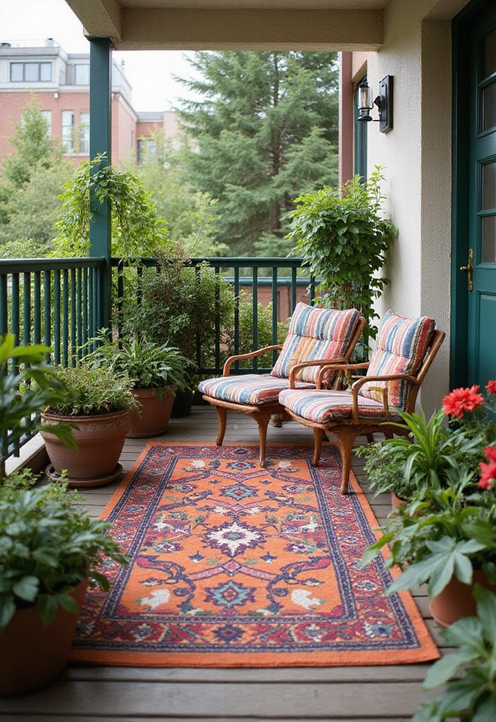 18 Balcony Decor Ideas for a Cozy Retreat - 12. Playful Rug Patterns