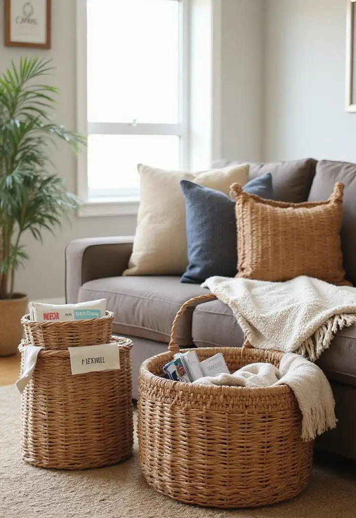 18 Small Apartment Living Room Decor Tips for Cozy Spaces - 13. Use Baskets for Storage
