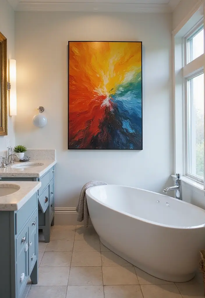 20 Bathroom Remodel Ideas for a Spa-Like Feel - 10. Statement Wall Art