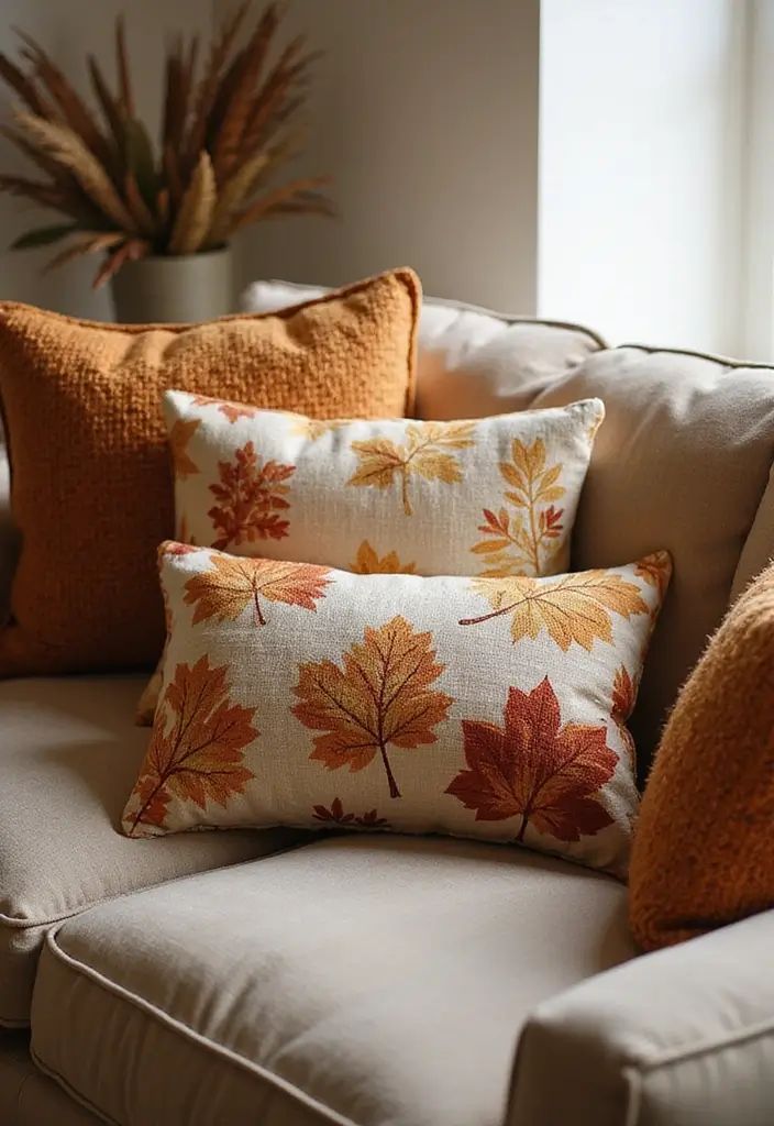 20 Fall Decorations for a Cozy Home in 2025 - 11. Autumn-Themed Pillows