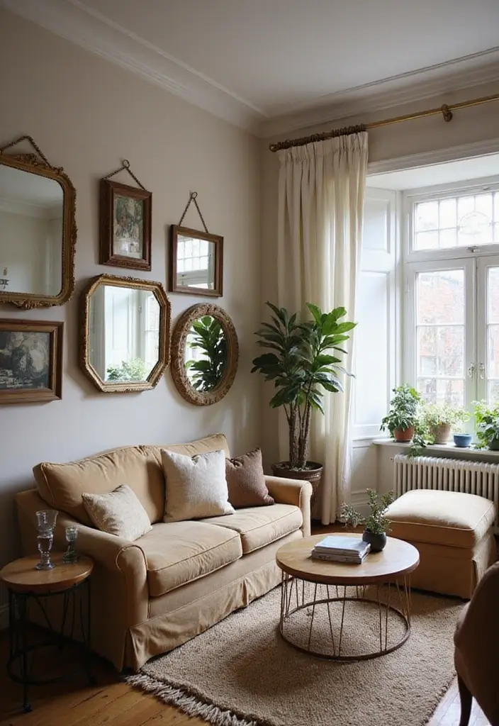 20 Living Room Decor Essentials for a Cozy Vibe - 19. Incorporate Vintage Mirrors