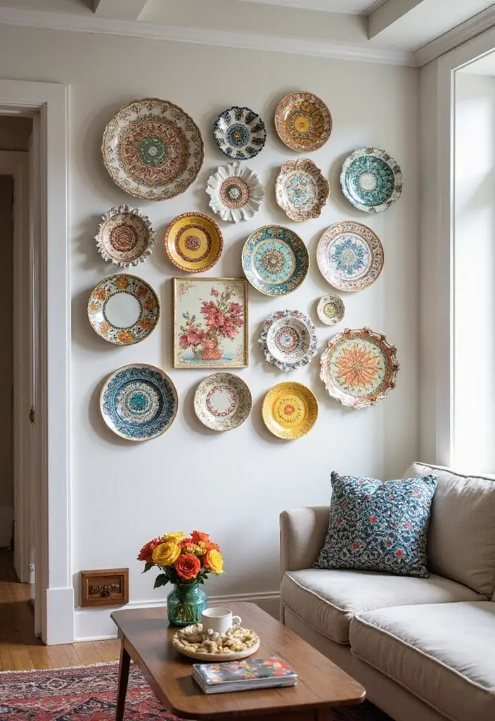 22 Living Room Wall Decor Ideas for Instant Impact - 12. Colorful Plates Display