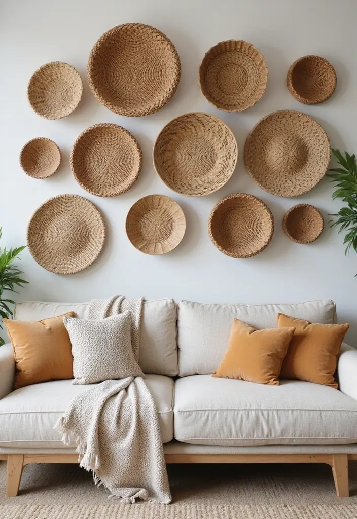 22 Living Room Wall Decor Ideas for Instant Impact - 17. Woven Baskets