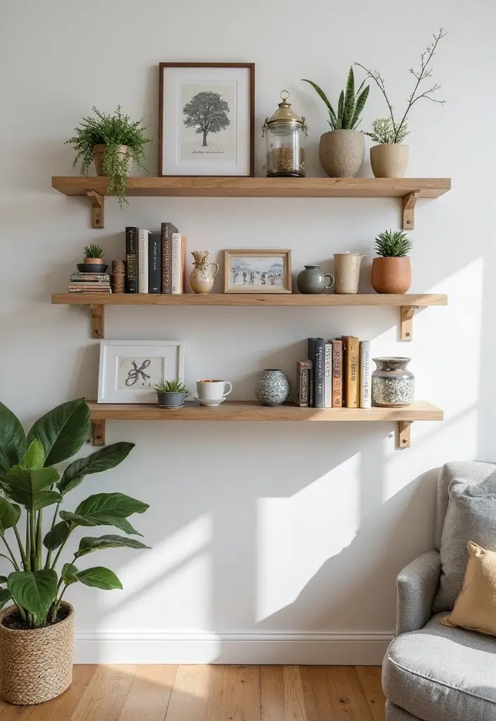 22 Living Room Wall Decor Ideas for Instant Impact - 7. Wall Shelves with Decor