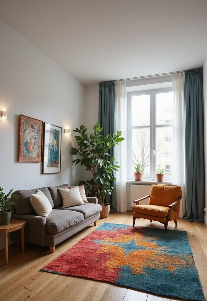 22 Small Apartment Living Room Ideas to Try This Year - 18. Artistic Rugs