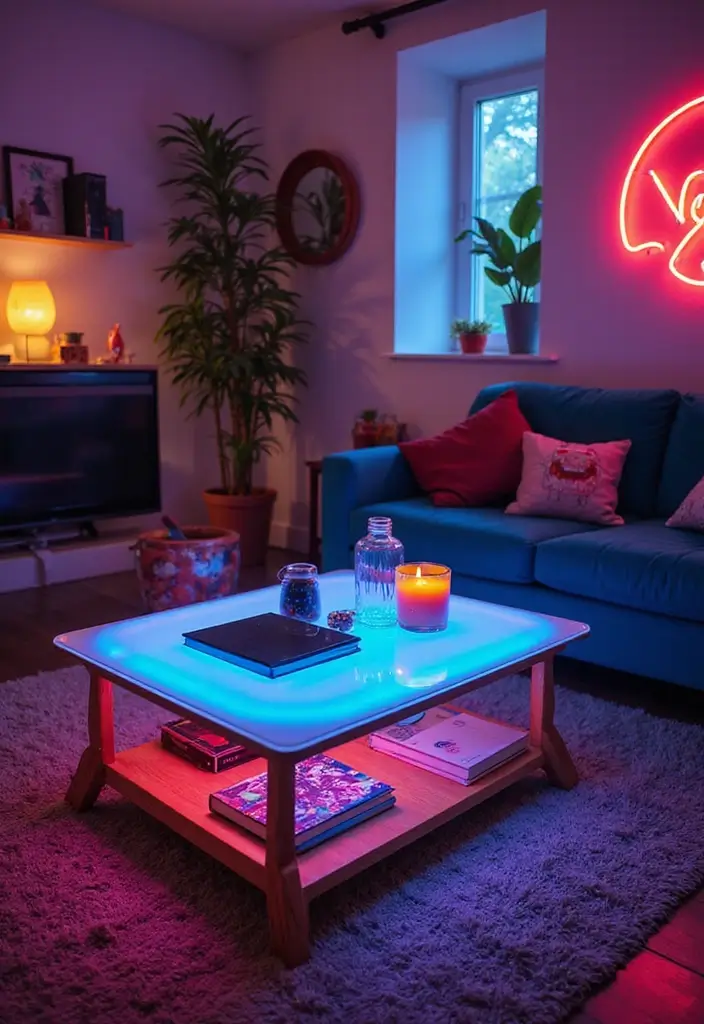23+ Unique Living Room Table Ideas for a Chic Makeover - 17. Neon-Lit Table