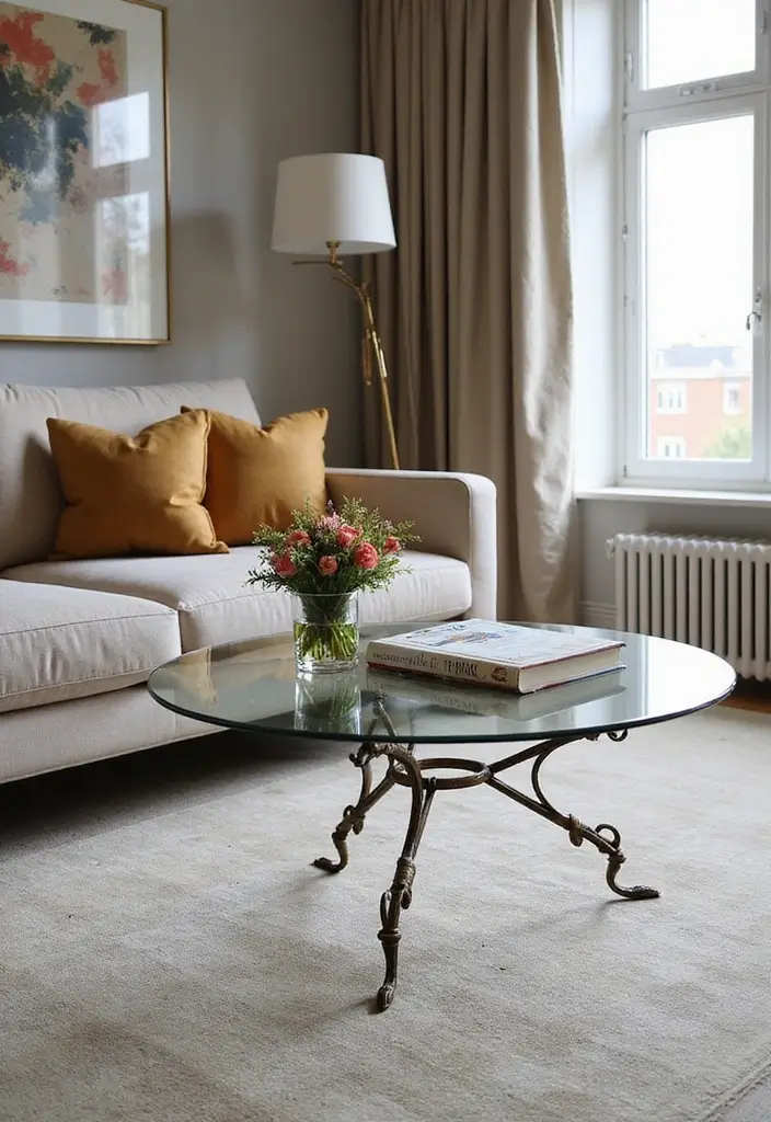 23+ Unique Living Room Table Ideas for a Chic Makeover - 5. Glass Top and Vintage Base