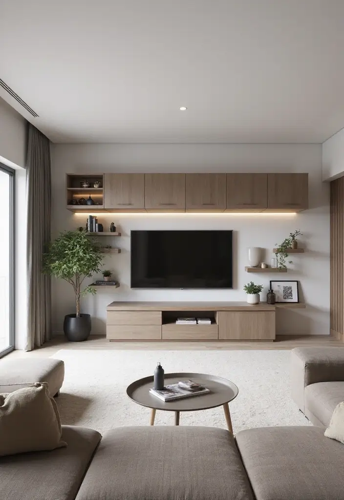 30 Eco-Friendly Living Room Ideas for Modern Families - 21. Wall-Mounted Storage Solutions