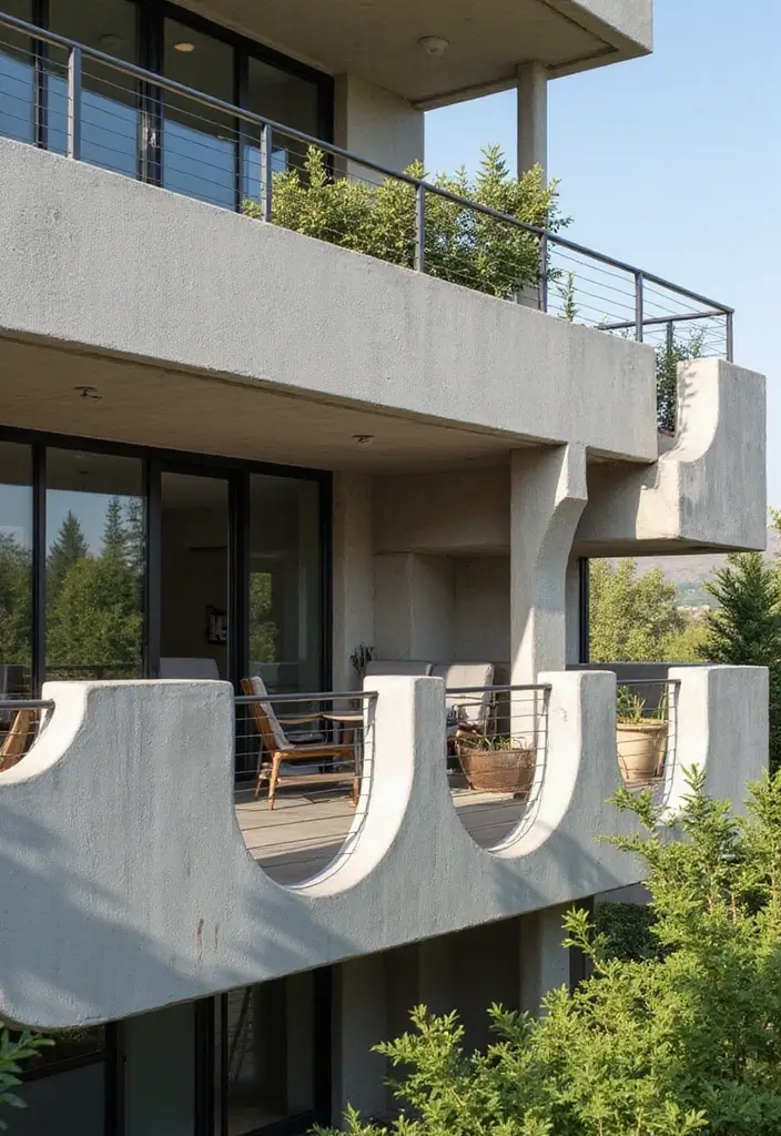 31+ Modern Balcony Railing Designs for a Stylish Upgrade - 30. Artistic Concrete Railings