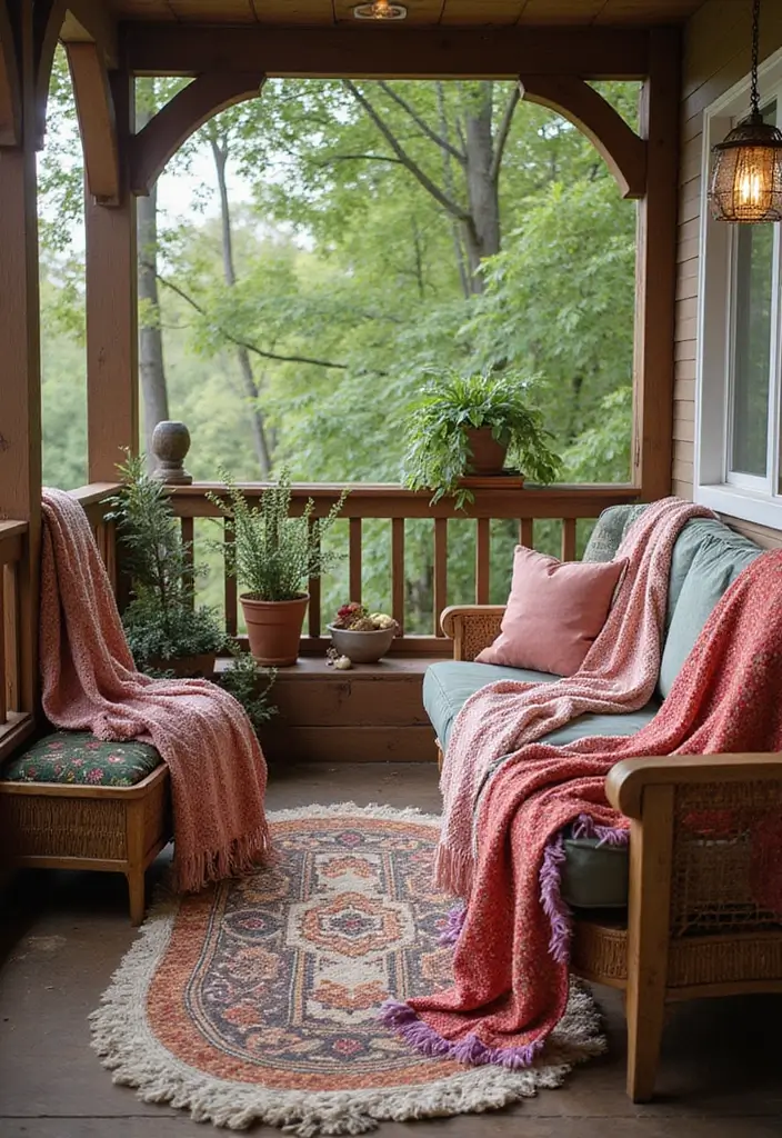 32+ Balcony Decor Ideas to Create Your Outdoor Oasis - 19. Colorful Throws